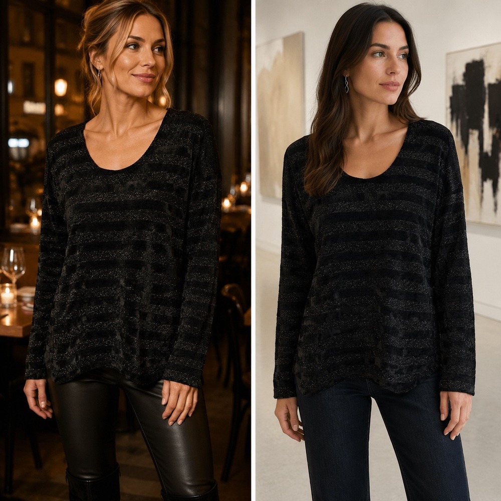 Sadie & Sage Women's Top M Black Fuzzy Metallic Striped Scoop Neck Knit Sweater